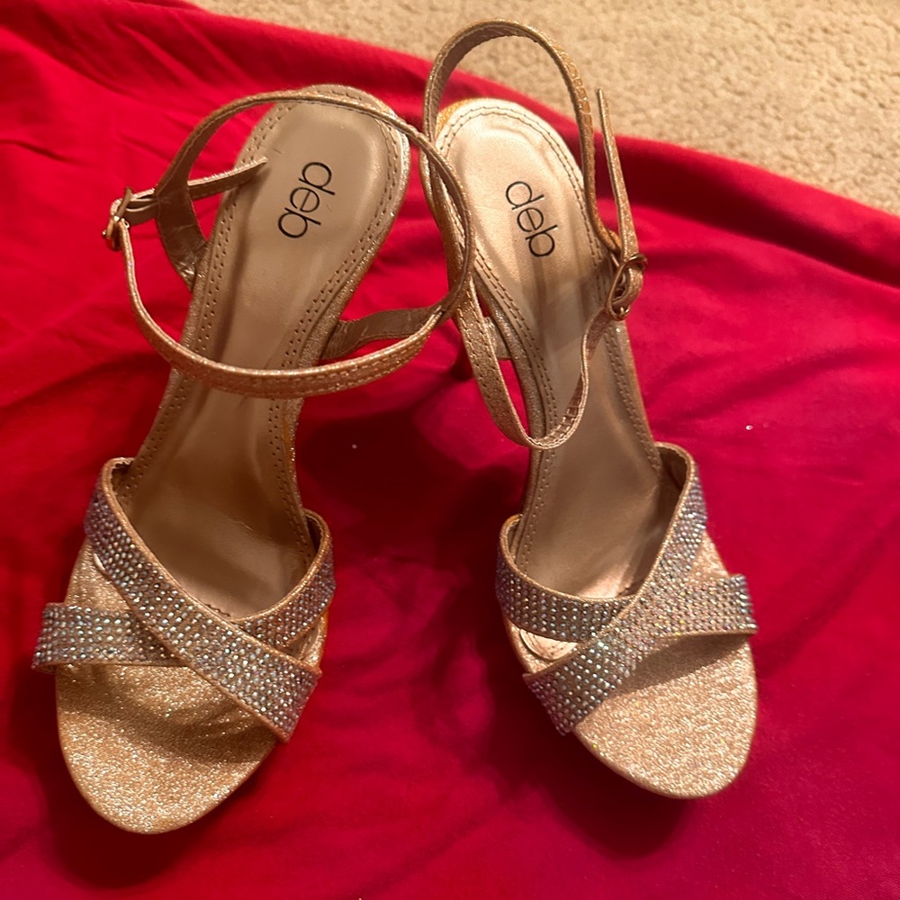 Deb brand dressy sequined gold heels